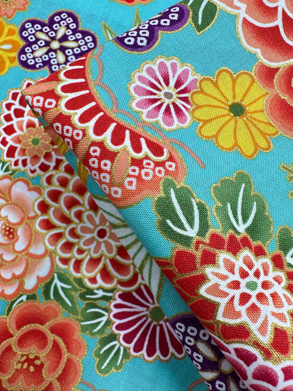 Japanese Printed Cotton - Turquoise Blossom - 112cm