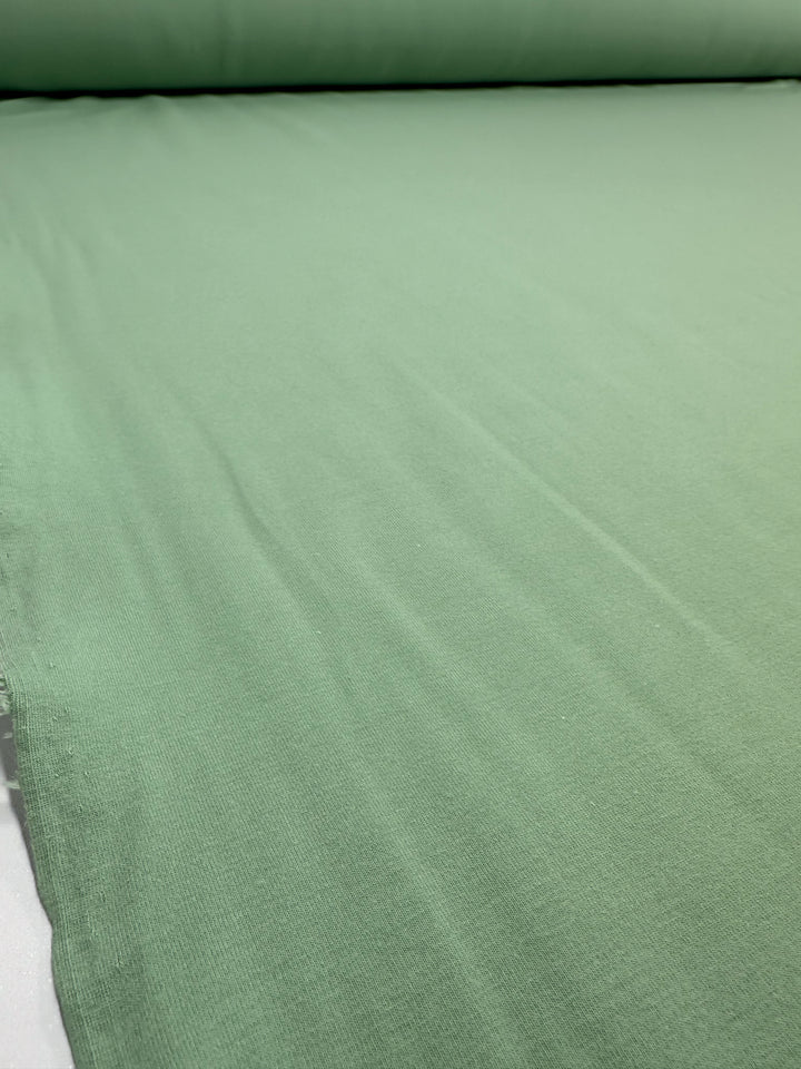 In a well-lit scene, the close-up of the Super Cheap Fabrics Cotton Lycra in Spruce Stone (170cm) reveals its smooth, stretchy texture with slightly frayed edges, making it perfect for bodycon dresses.
