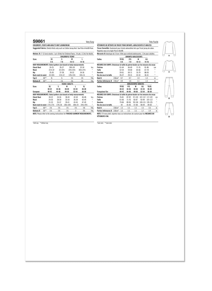 The Simplicity S9861 Knit Loungewear pattern by Super Cheap Fabrics features text and technical drawings for pants and shorts. It includes size measurements, fabric needs, garment diagrams, and detailed construction notes for creating comfortable loungewear sets for children, teens, and adults.