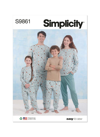 The Simplicity S9861 sewing pattern from Super Cheap Fabrics features a cozy loungewear set for children, teens, and adults. The cover shows a family of four in matching pajamas against a light blue background, highlighting both comfort and style.