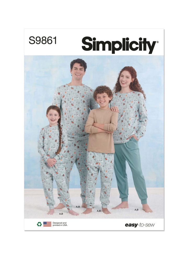 The Simplicity S9861 sewing pattern from Super Cheap Fabrics features a cozy loungewear set for children, teens, and adults. The cover shows a family of four in matching pajamas against a light blue background, highlighting both comfort and style.